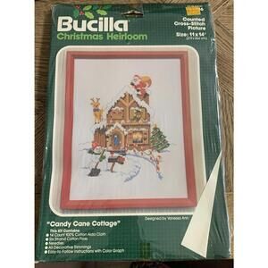 Bucilla Candy Cane Cottage Cross Stitch Kit 49016 Christmas Heirloom Kit Vtg